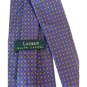 Lauren Ralph Lauren Blue Red Green Tan White Circles & Dots Tie 100% Silk hand
